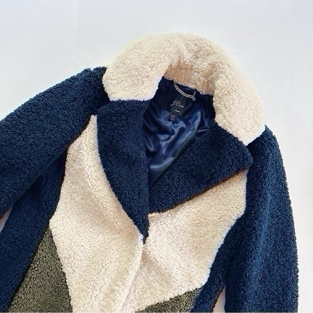 J.Crew Women’s Teddy Sherpa Colorblock Thick Coat Green Ivory Navy Blue - Picture 10 of 13